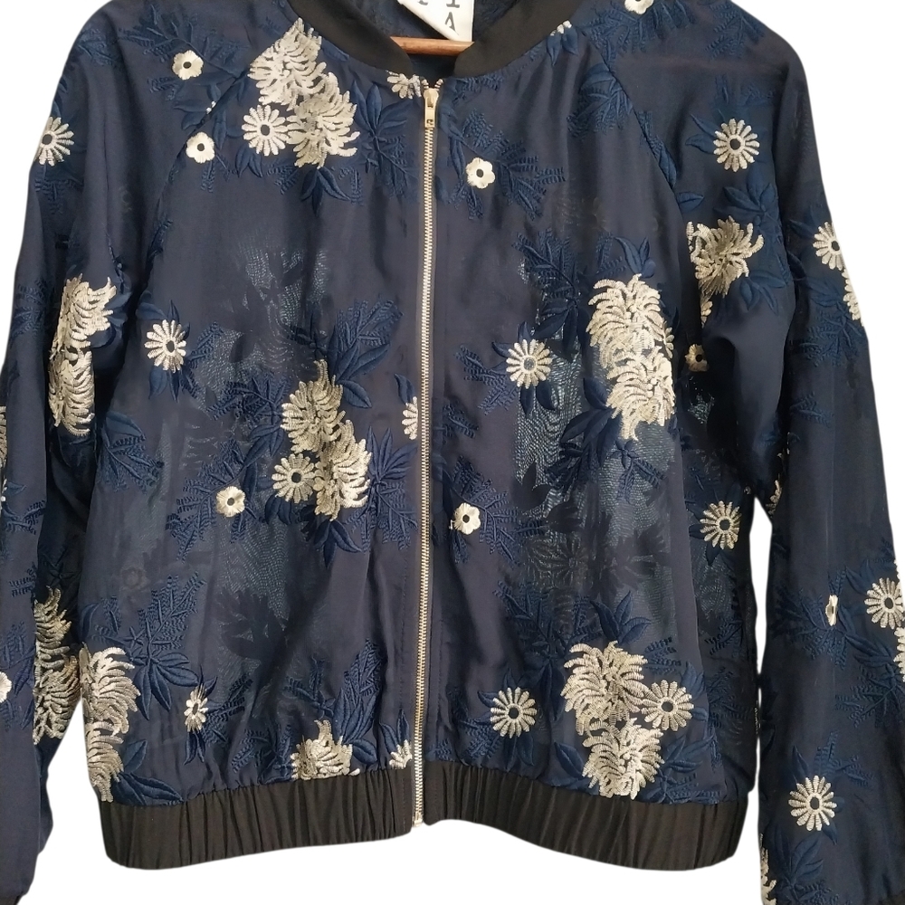 PPLA Starlit Woven Bomber Size Medium Mesh Navy Blue Embellished Zip Jacket - Picture 6 of 12